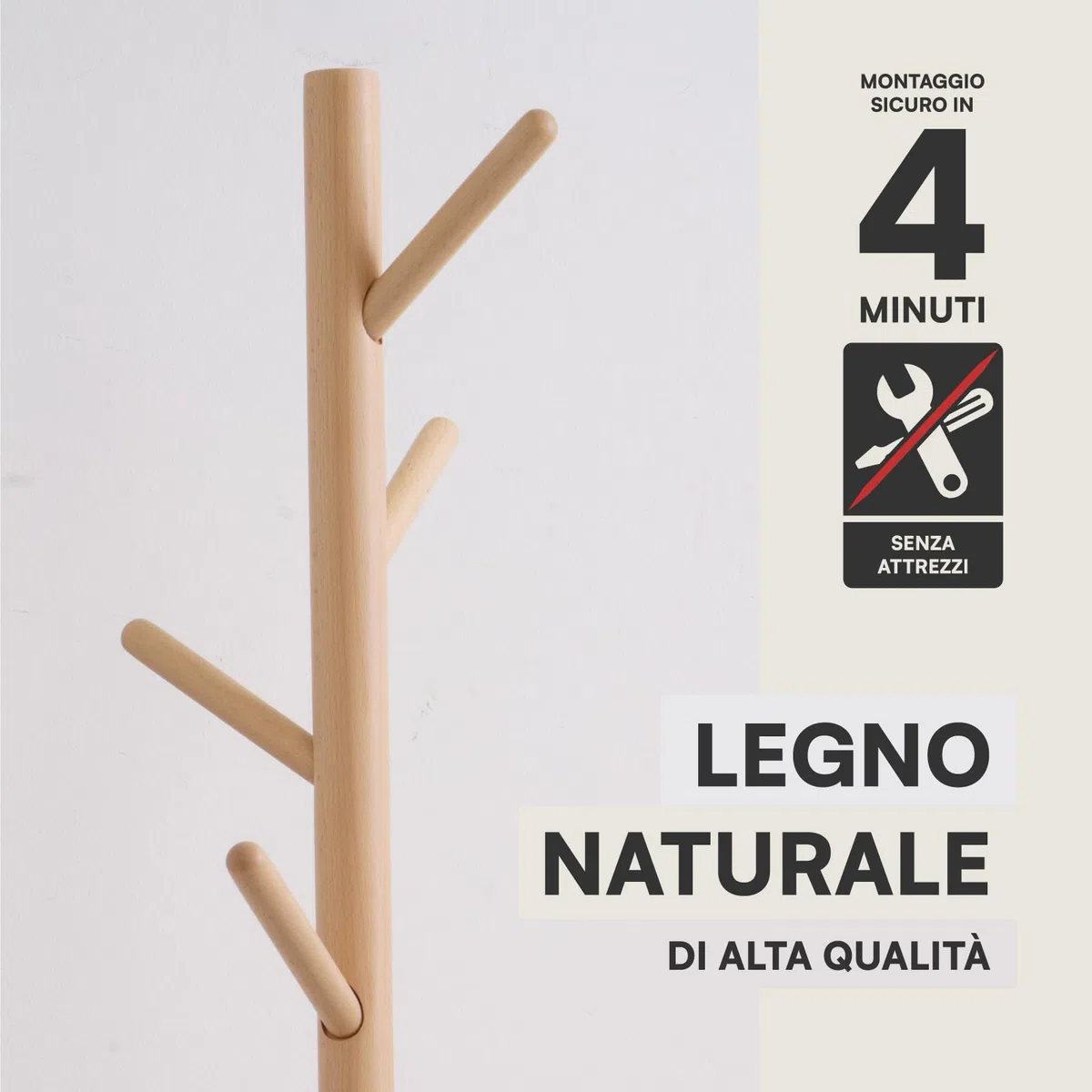 Eurocali Appendiabiti Attaccapanni in Legno Naturale con 8 Ganci e Struttura Modulare 2 Altezze - per Cappotti Giacche Cappelli e Borse - Portabiti Ingresso e Ufficio - 174/124x43cm