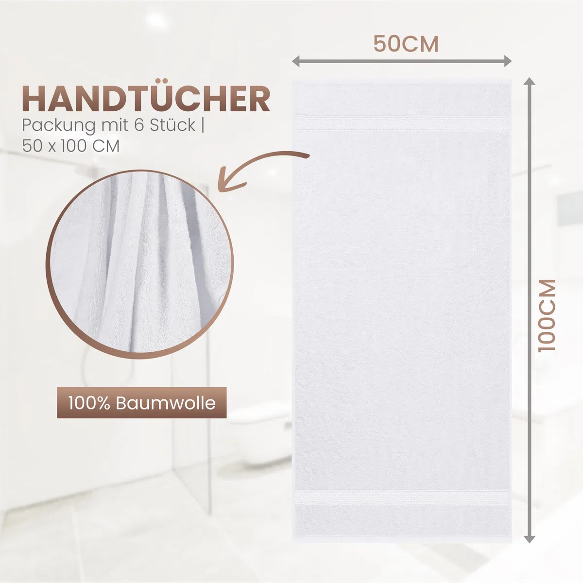Utopia Towels - Set di 6 (50 x 100 cm), Asciugamani Mani, Asciugamani Per Le Mani, Altamente Assorbenti Con Gancio, 100% Cotone (Bianco)