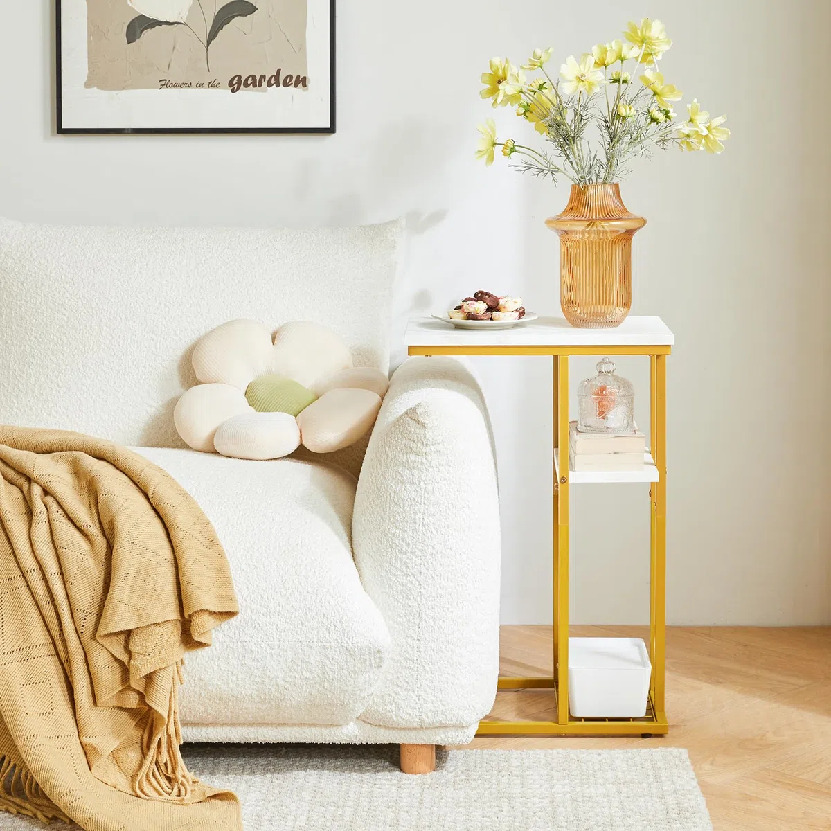 YMYNY Tavolini a Forma Di C, Tavolino Laterale Da Divano, Rettangolari, Comodino Con Struttura in Metallo, Salotto, Camera, 40 X 26 X 61.5CM, Modello di marmo bianco e oro HST004W