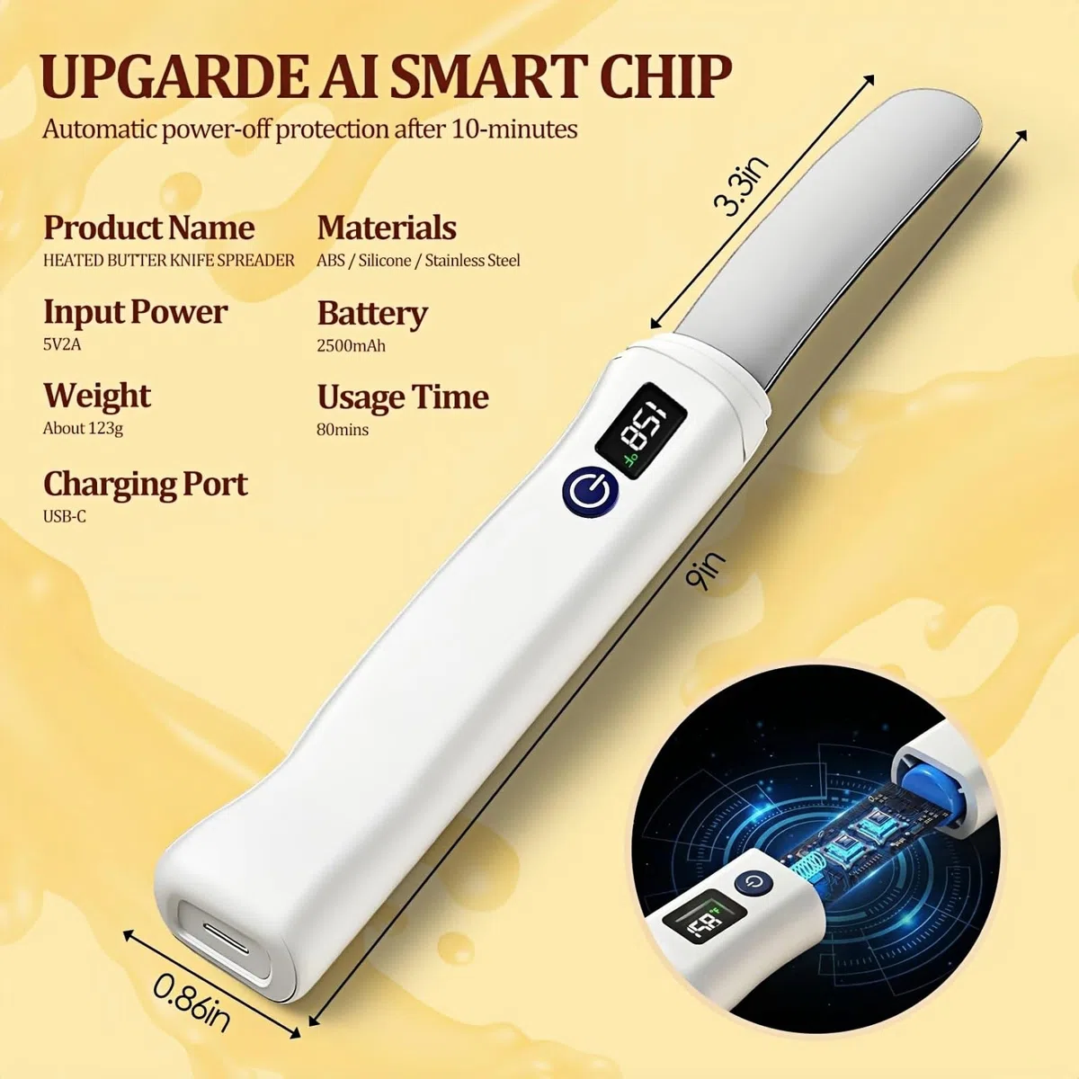 Coltello da burro riscaldante, in acciaio inox 304, con display intelligente in tempo reale, temperatura e batteria, doppia modalità di temperatura per formaggi, conserve, altre creme