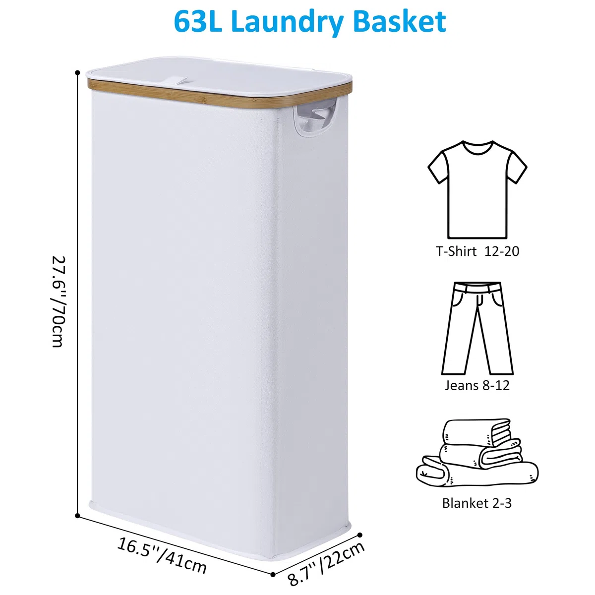 efluky Cesto per la Biancheria 63L, Cesto per la Biancheria Sottile con Coperchio, Cestos per la Biancheria Pieghevole Bianco con Manici in Bambù e Borsa Rimovibile per Camera da Letto, Lavanderia