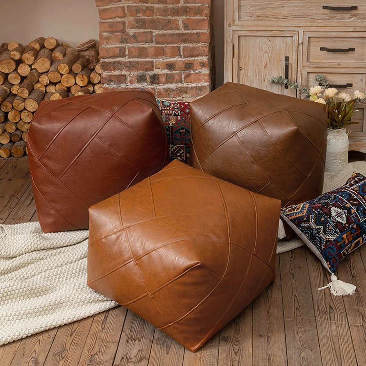 Pouf Marocchino in Pelle Poggiapiedi ottomano Poggiapiedi Quadrato Non Riempito Poggiapiedi Imbottito Coprisedile per Soggiorno Decorazioni per la casa Regalo (Arancione e caffè, M)