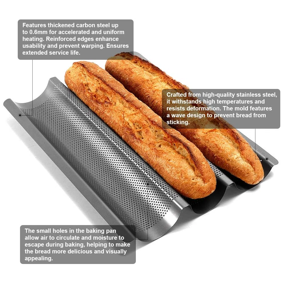2 Pezzi Stampo Baguette Perforata Antiaderente per 3 Baguette Stampo per Baguette con Rivestimento Antiaderente Stampo in Acciaio al Carbonio per Pane Francese per Pane Traforata(38x27cm)