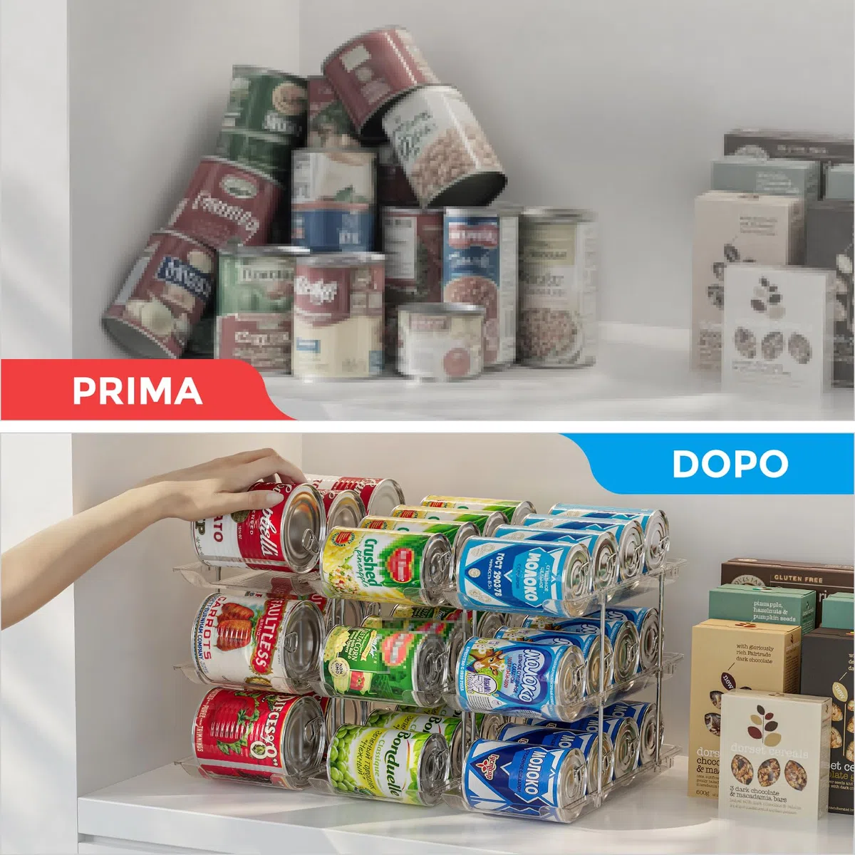 Organizer per lattine per dispensa Organizzatore impilabile a 3 ripiani Organizzatore per bibite da dispensa per frigorifero, 36 scomparti, con ruote automatiche, trasparente
