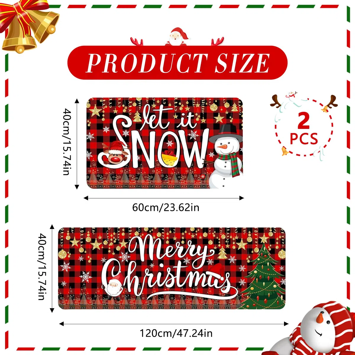 PLUSHCEWT Set di 2 tappeti da cucina natalizi, antiscivolo, lavabili, motivo natalizio con motivo a quadri di bufalo rosso, decorazione natalizia per la cucina (40 x 120 cm + 40 x 60 cm)