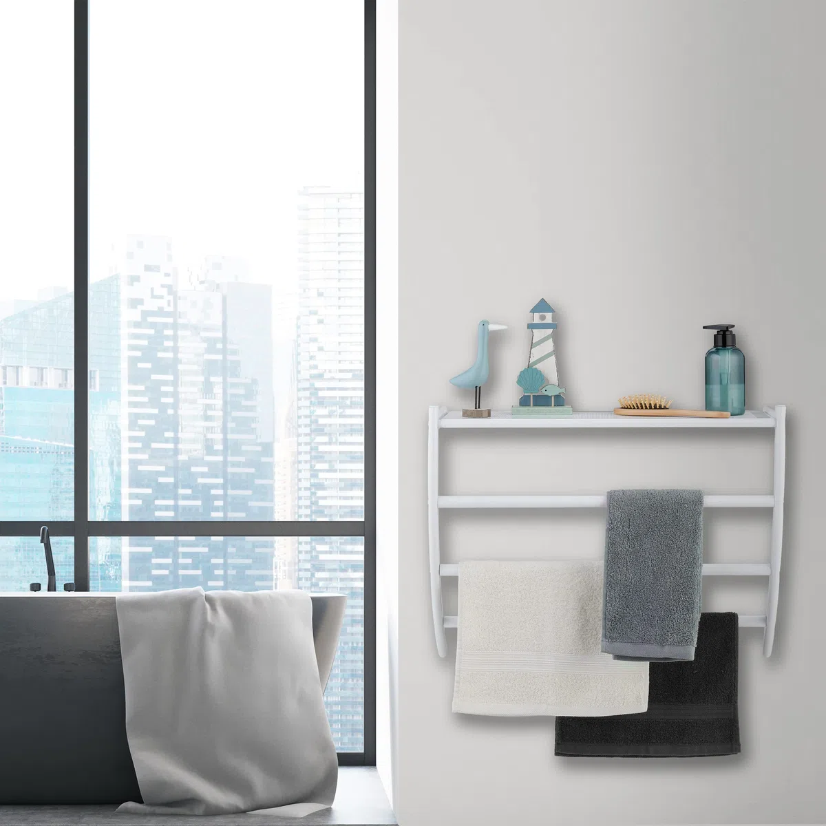 Relaxdays Portasciugamani da Parete, HLP 44x56,5x23 cm, Mensola da Bagno con 3 Aste per Asciugamani e Ripiano, Bianco