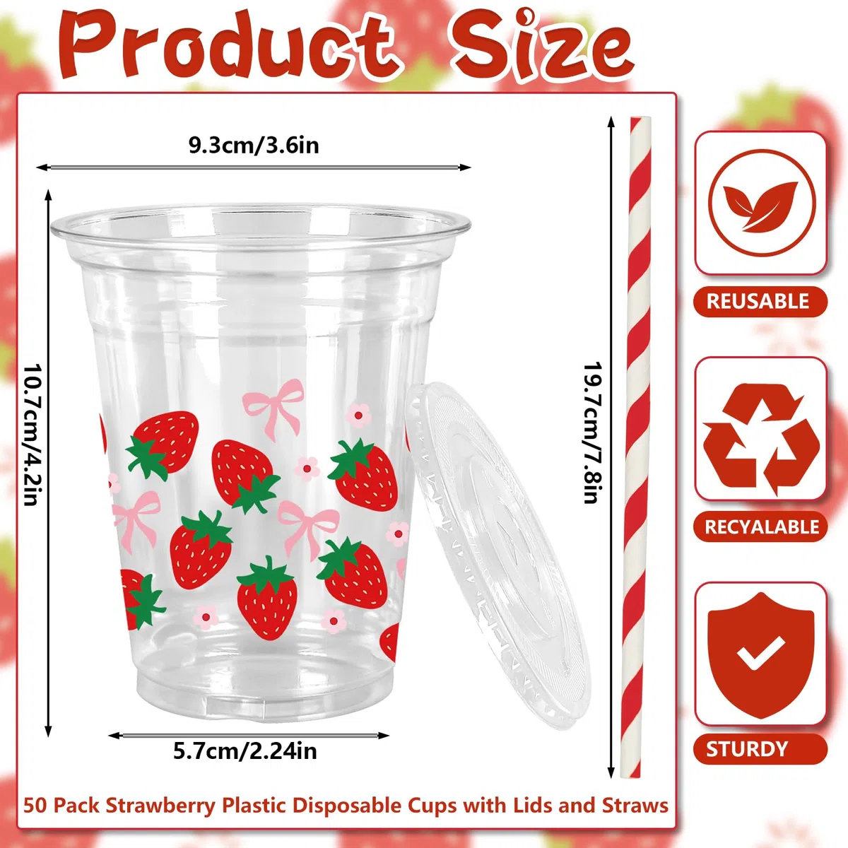 FYSUIMU 50 bicchieri di plastica con fragole con coperchi e cannucce, rosa, fiocchi, fragole, bicchieri in plastica trasparente, 350 ml, bicchieri usa e getta per feste di compleanno e matrimoni