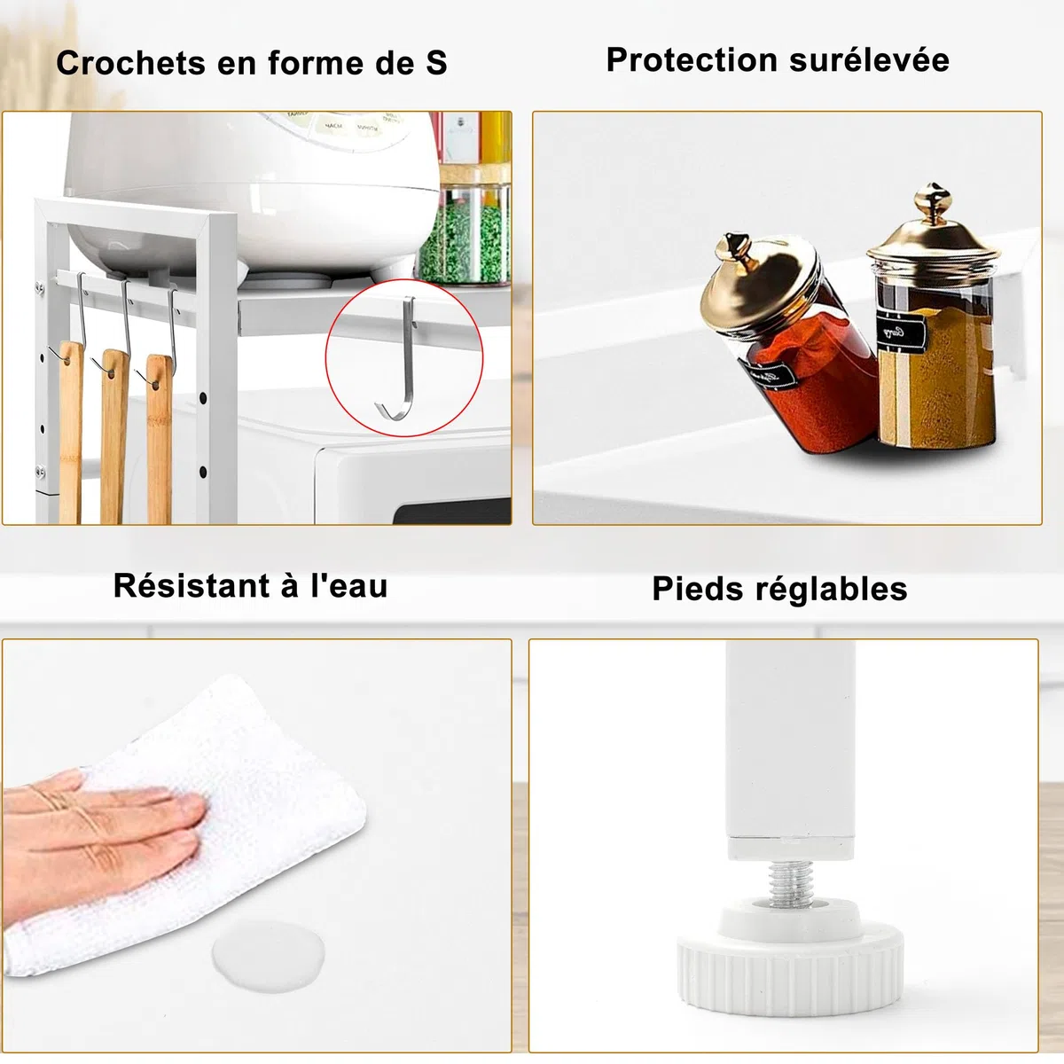 IBVIVIC 2 livelli, supporto estensibile in metallo, forno a microonde, supporto per scaffale per forno a microonde, altezza e larghezza regolabile, con 3 ganci per il posto per lo stoccaggio della