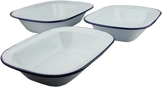 Lucaro - Set di 3 piatti smaltati oblunghi per torta, 20 cm, 22 cm, 24 cm, design vintage, adatti per forno e stufa, lavabili in lavastoviglie, vassoio, latta