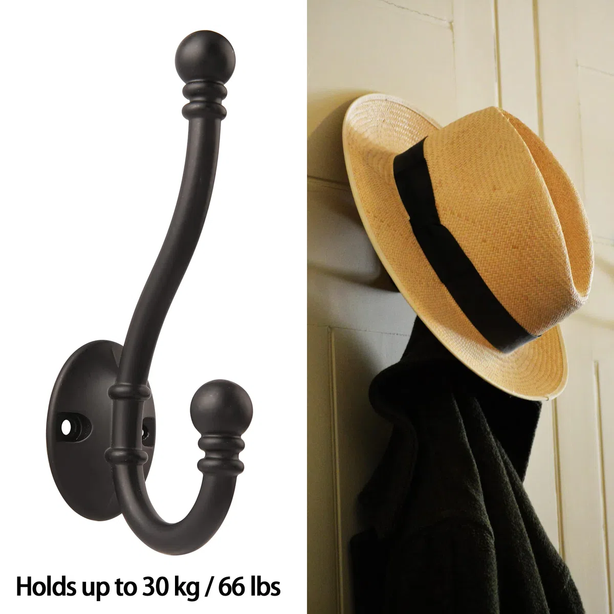 HASWARE 6 ganci appendiabiti a doppia punta, con 12 viti ganci a parete ganci appendiabiti grandi e resistenti per cappotti, cappelli, appendiabiti, chiavi, asciugamano (nero opaco)