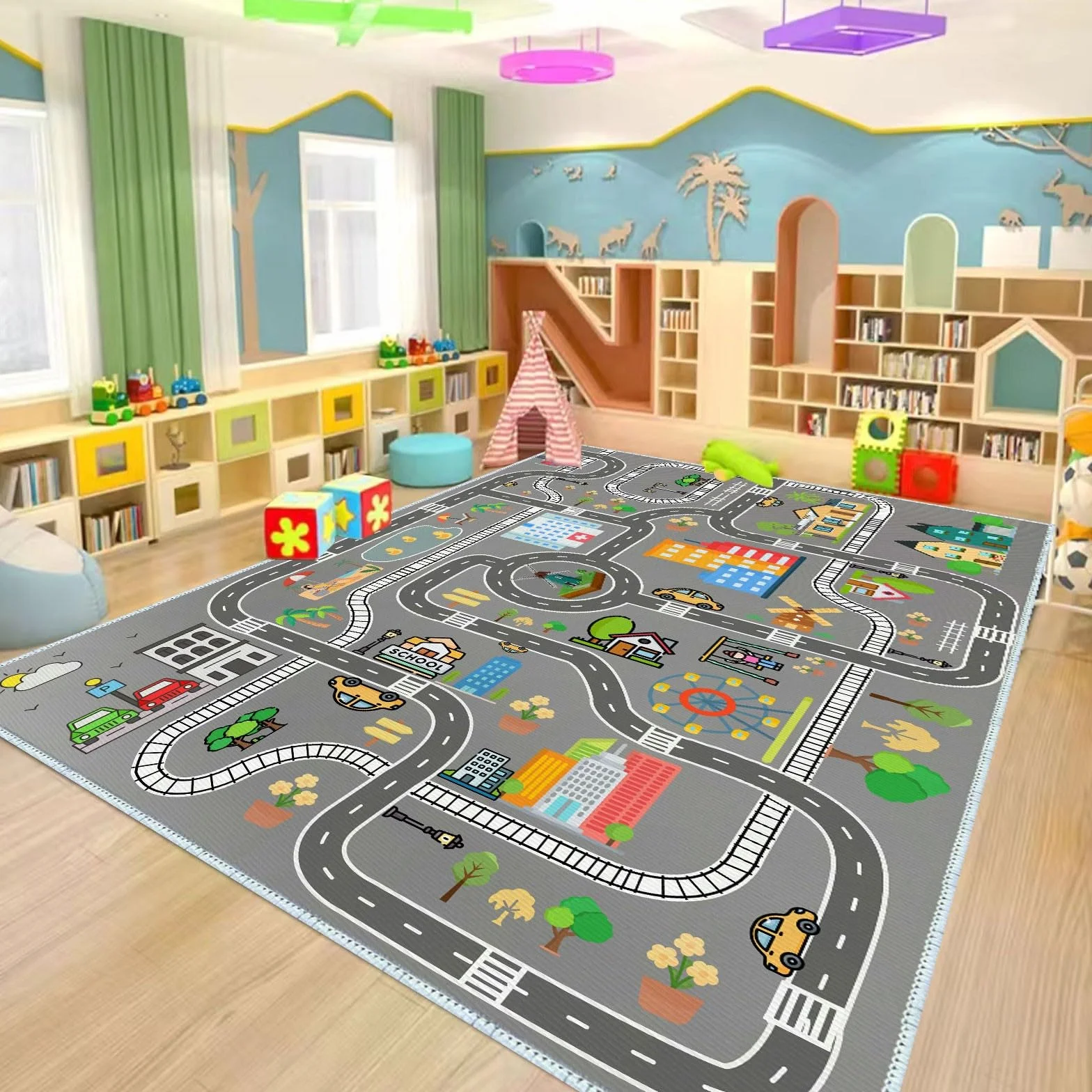 Tappeto da gioco per bambini, ragazzi e ragazze, tappeto per costruzione, area educativa della città, per camera da letto e camera dei giochi (A,80 x 120 cm)
