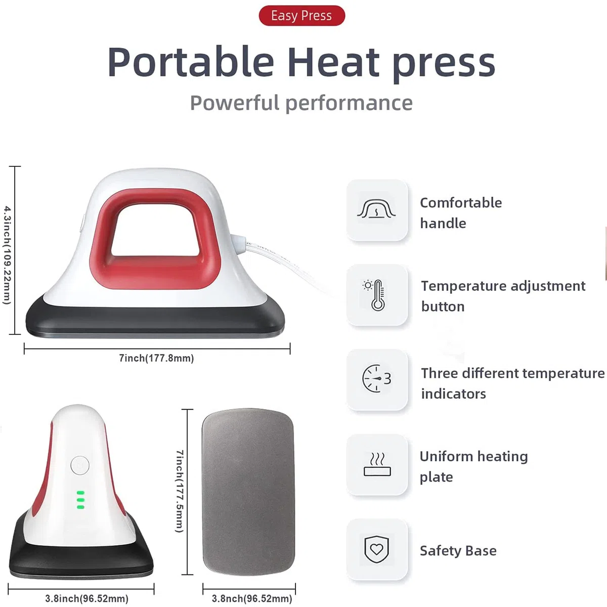 Pressa termica per magliette, scarpe, borse, cappelli e progetti in vinile HTV, 17,8 x 9,7 cm, pressa da stiro portatile facile da stirare per trasferimento di calore