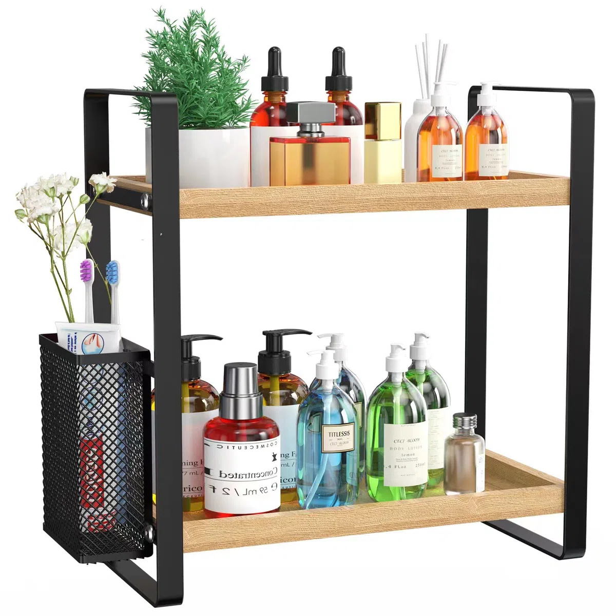 LEMIKKLE Organizer per il piano di lavoro del bagno, vassoio per profumo e organizer per cosmetici, organizer per la cura della pelle con cestino, organizer per bagno, cucina, comò, WOOD RACK-01