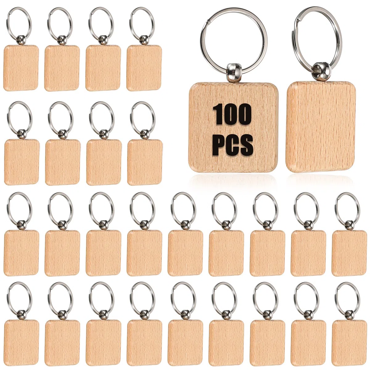 100 portachiavi quadrati in legno, 4 cm, vuoti, portachiavi in legno, per fai da te, personalizzabili, portachiavi in legno