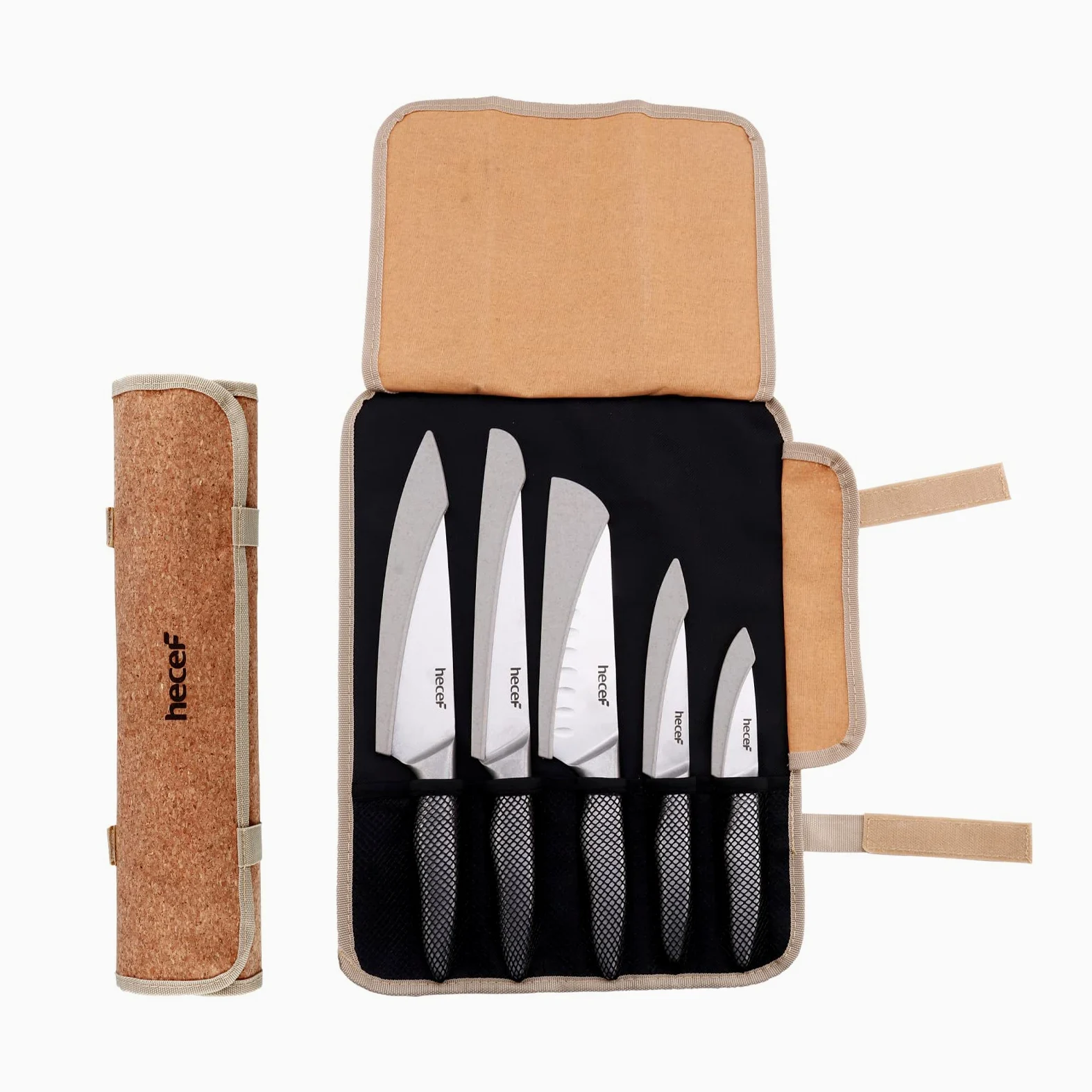 hecef Set Coltelli da Cucina Professionali, 6 Pezzi Set di Coltelli da Chef Acciaio Inox con Coprilama Protettivi & Borsa per coltelli (5 fessure), per Attività Indoor e Outdoor e Campeggio