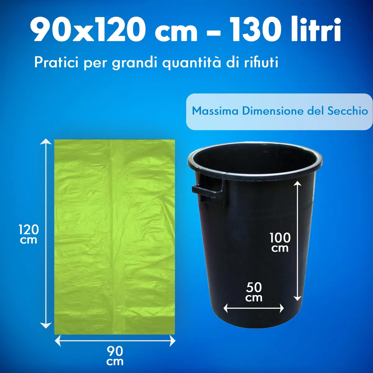 GM 30 Sacchi Spazzatura Verdi 90x120 cm Biodegradabili x Umido, Resistenti, 130 litri, Sacchetti Bio Compostabili x Ristoranti, Buste Immondizia per Rifiuti Organici, 3 Rotoli da 10 buste immondizia