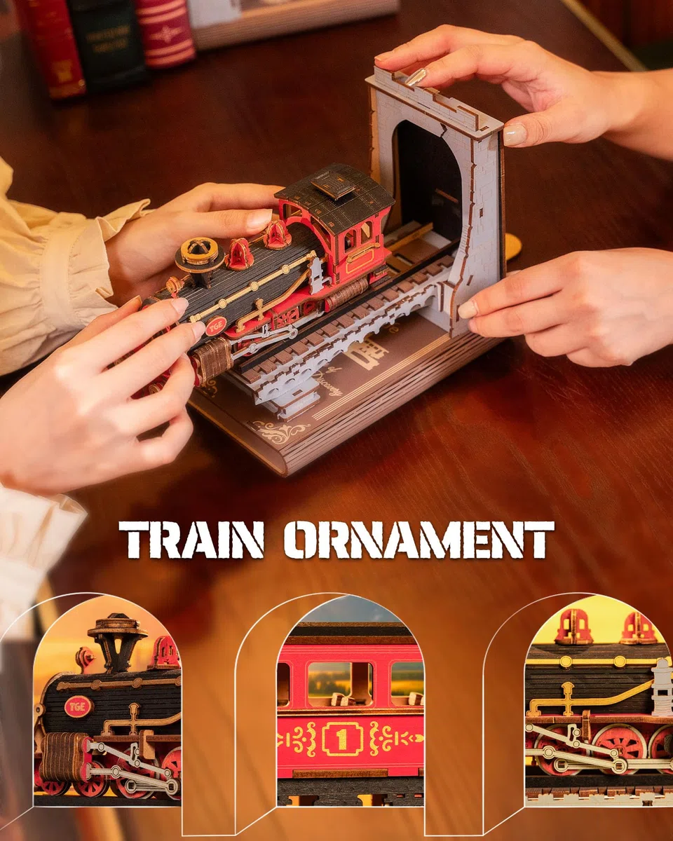 ROBOTIME Fermalibri Book Nook Kit, Puzzle 3D Modellini da Costruire Adulti Treno, Regali per Adulti e Bambini, Decorazione per Libreria