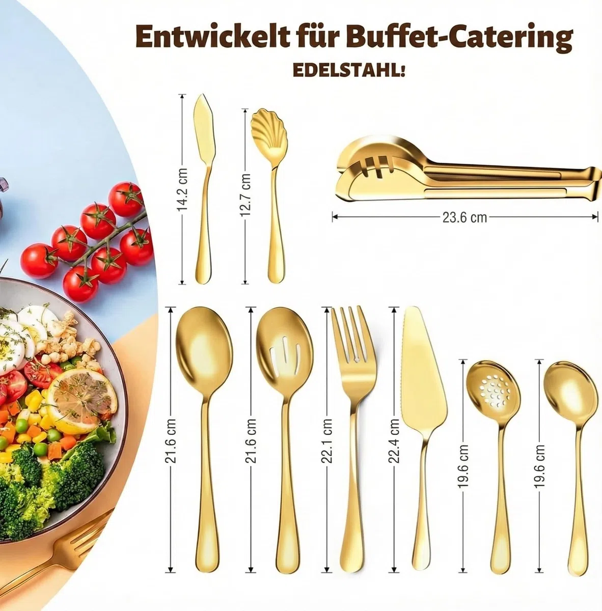 Set di 22 posate da portata in acciaio inox 304, posate a buffet dorate per matrimoni, feste e cucina, cucchiai da servizio, pinze, mestoli, paletta per torte e altro ancora, di alta qualità