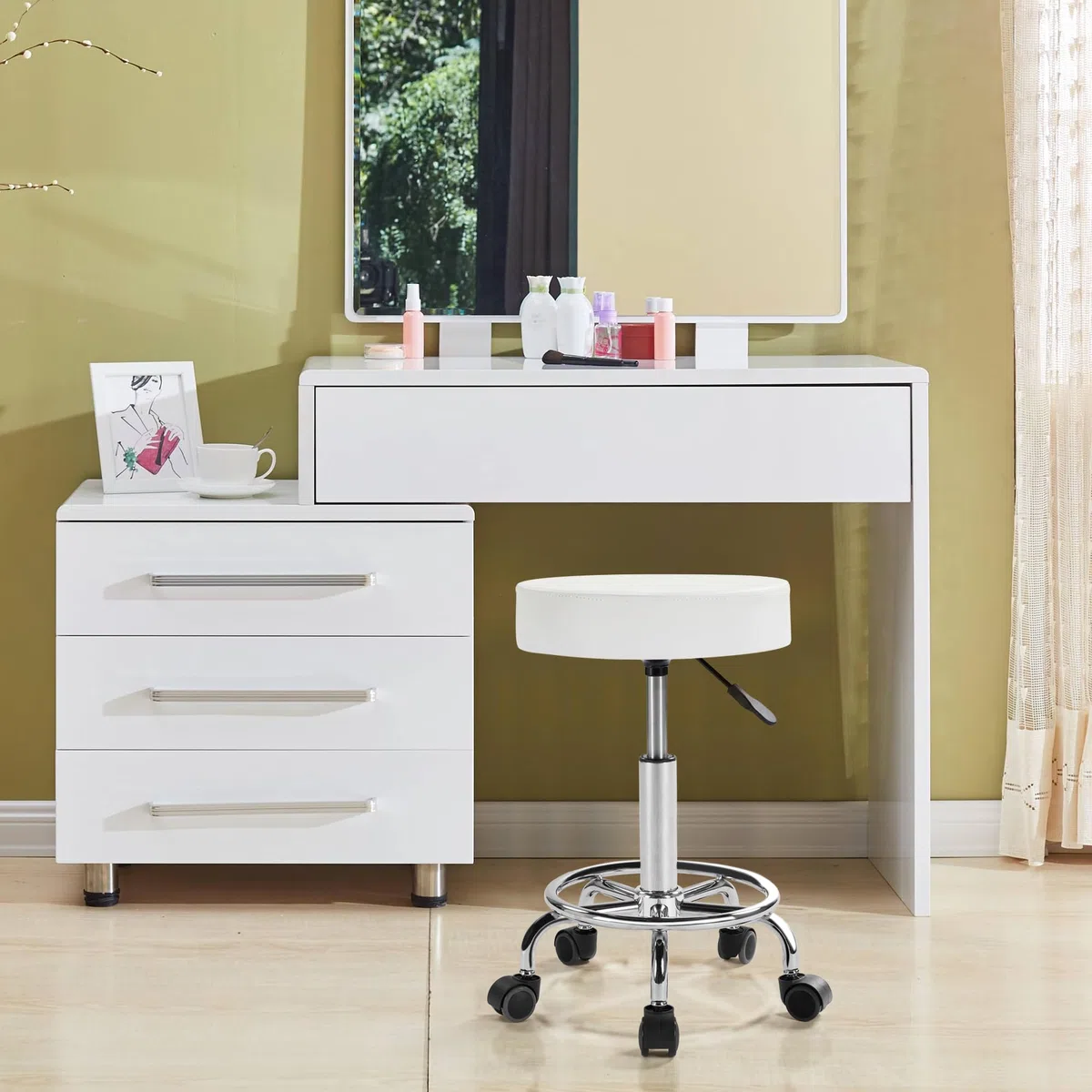 Yaheetech Sgabello con Ruote, Regolabile in Altezza, Sedia Rotondo Estetista con Rotelle Girevole, per Salone Toeletta Trucco Parrucchiere Poltrona Pedicure in Ecopelle, Bianco