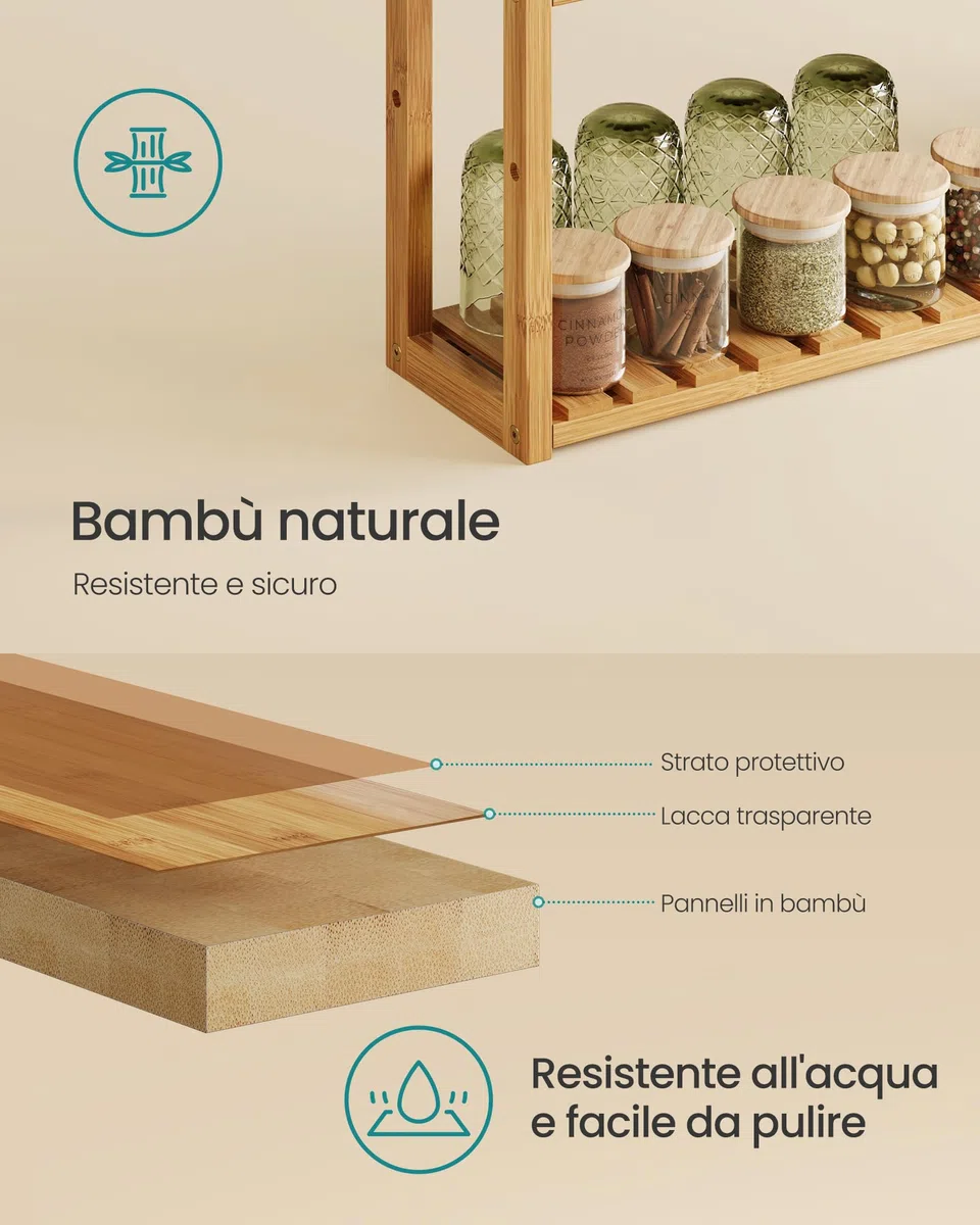 SONGMICS Mensole da Bagno, Scaffale da Bagno con 3 Ripiani Regolabili in Bambù, da Parete o da Terra, Porta Piante, per Soggiorno Balcone Cucina, 15 x 60 x 54 cm, Naturale BCB13Y
