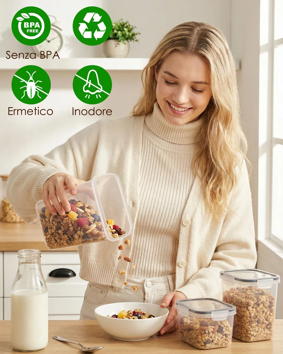 Contenitori ermetici per alimenti con coperchio, 24 pezzi, contenitori cucina impilabili senza BPA, barattoli per conservazione di farina, riso, pasta e cereali, per dispensa e organizzazione cucina