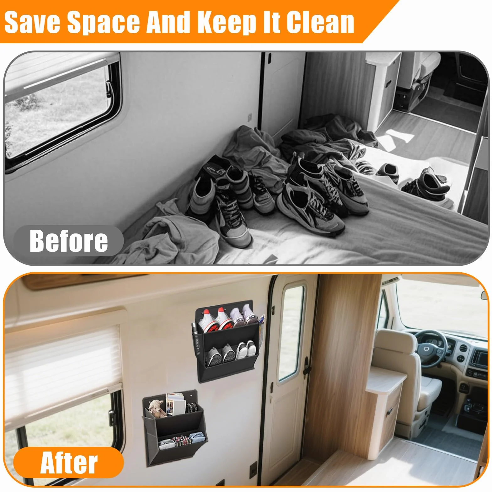 2 Pcs Scarpiera Appendere Alla Parete con Nastro Adesivo, Organizer Scarpe Porta Tasche Grandi Profonde, Accessori Camper Salvaspazio Spaziale, Scaffale per Spazi Ristretti e Armadi (Nero)