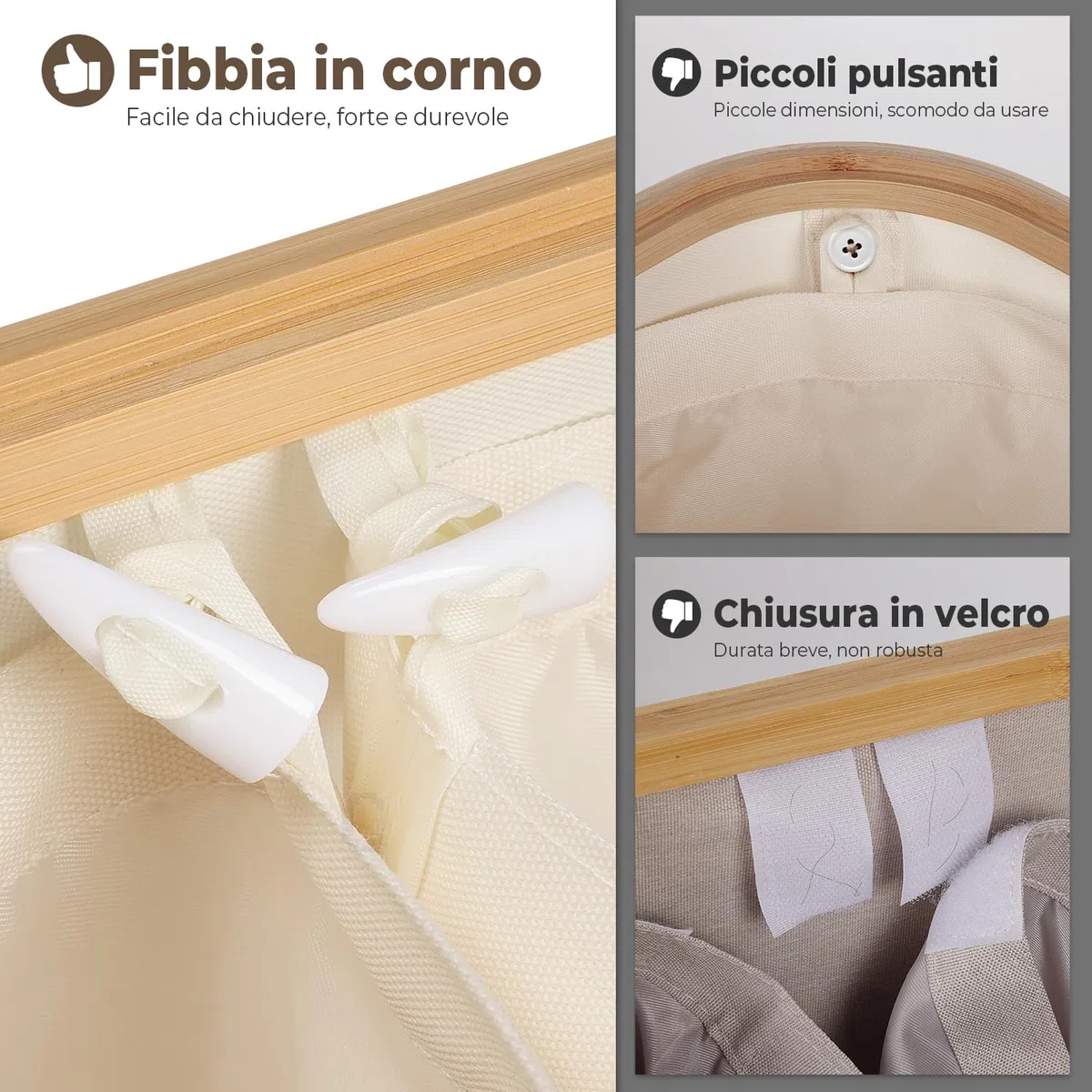 OUSFOT Cesto per la Biancheria con 3 Scomparti per Vestiti Sporchi Manico in bambù 158L con CoperchioTasca Posteriore Pieghevole in Rete Cesto per la Biancheria Beige