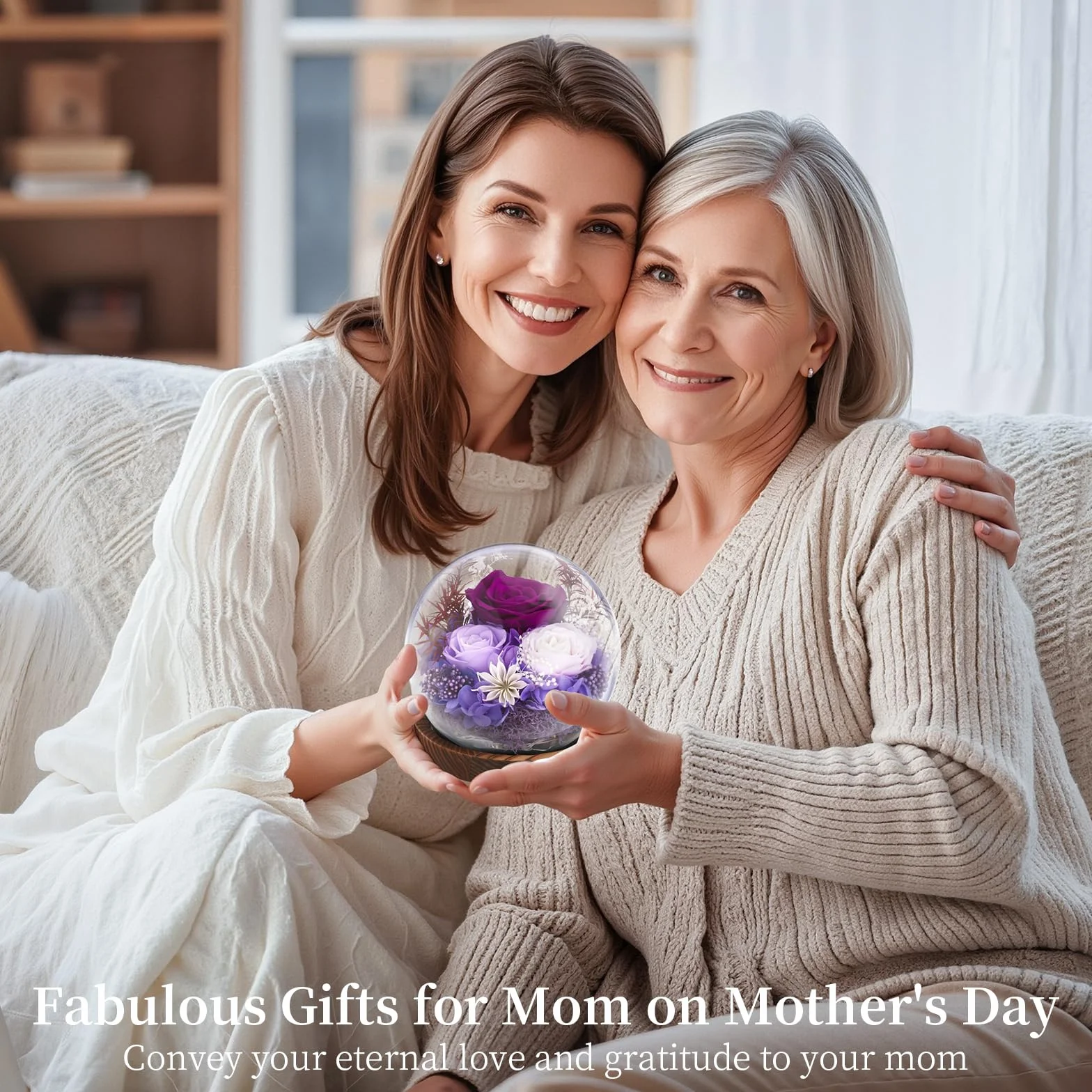 Emibele Regalo Rosa Eterna per la Festa della Mamma, Rosa Reale Conservata in Cupola di Vetro con LED, Fiori per Consegna, Regalo per Donna, Moglie, Compleanno, Anniversario, Viola