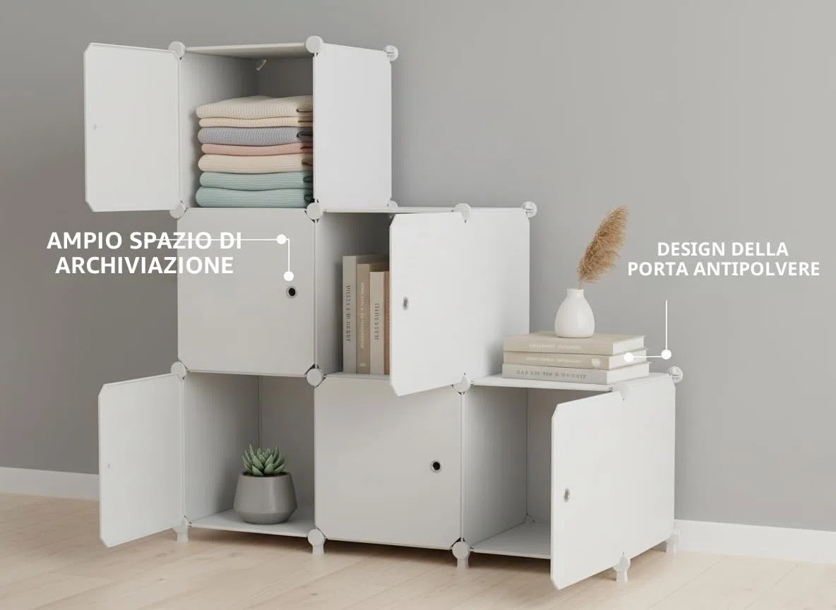 Mobiletto a cubo con anta, 6 cubi, progettato per camera da letto, armadio a cubo e sotto le scale, ogni scomparto 30 x 30 x 30 cm, bianco ATTSL6002