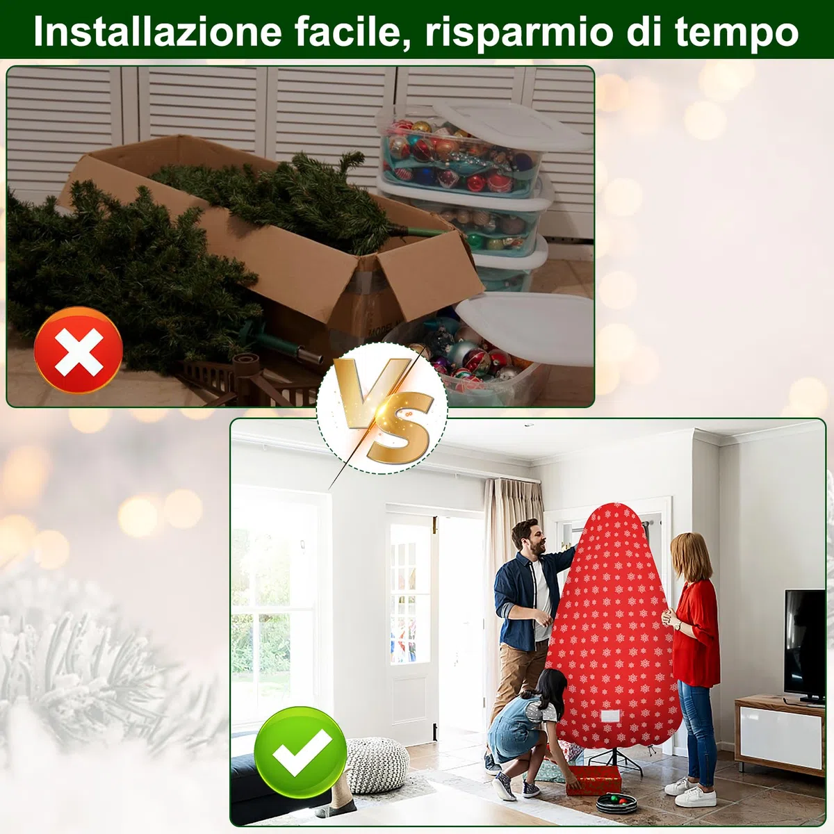 Borsa verticale per albero di Natale, copertura per albero di Natale con cinghie regolabili, resistente agli strappi, per alberi assemblati da 7,5 m, stampa neve rossa