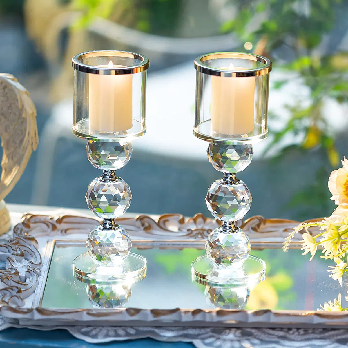 Sziqiqi Portacandele a Colonna in Cristallo, Set di 2 Candelieri in Vetro Trasparente, Candelabri Centro Tavola Moderno per Soggiorno Matrimonio Porta Candele per Decorazione Natalizia, Argento