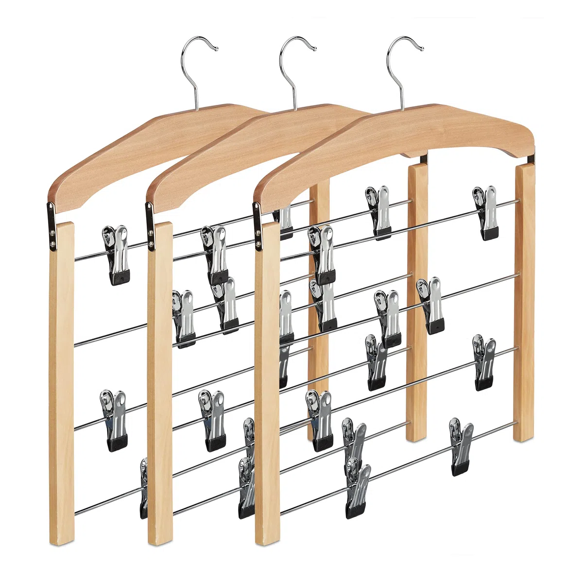 Relaxdays Grucce per Gonne con Pinze Salvaspazio, Set 3 Appendiabiti Multiplo Antiscivolo, 45,5x39x2,5 cm Marrone Chiaro
