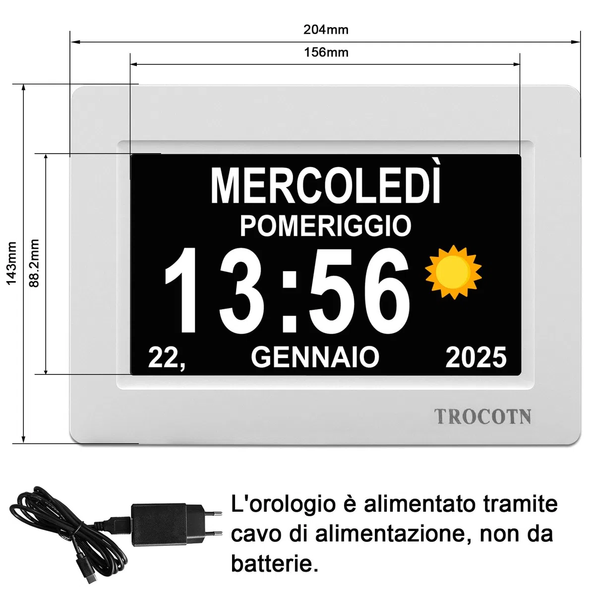 TROCOTN Orologio digitale da 7 Pollici Calendario Orologio da parete con ampio display Sveglia (Bianco)