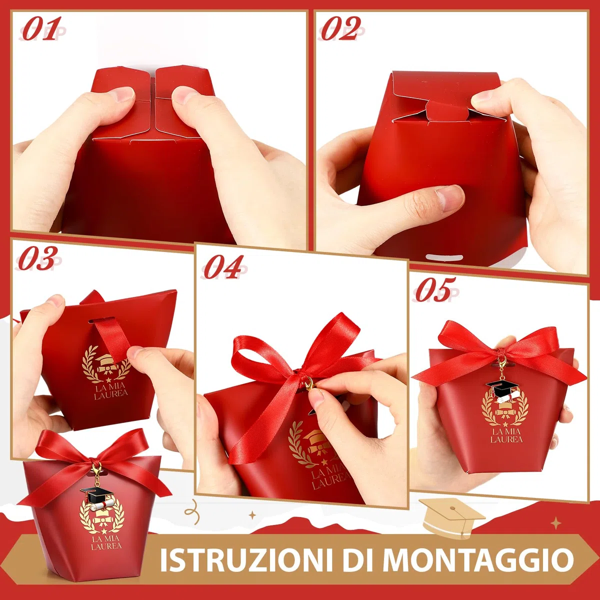 BBTO 50 Set Scatoline Portaconfetti Laurea Include 50 Scatoline Portaconfetti 50 Portachiavi con Cappello di in Smalto 1 Rotolo di Nastro Rosso Bomboniere Decorazione Fai da te Festa Laurea Regalo