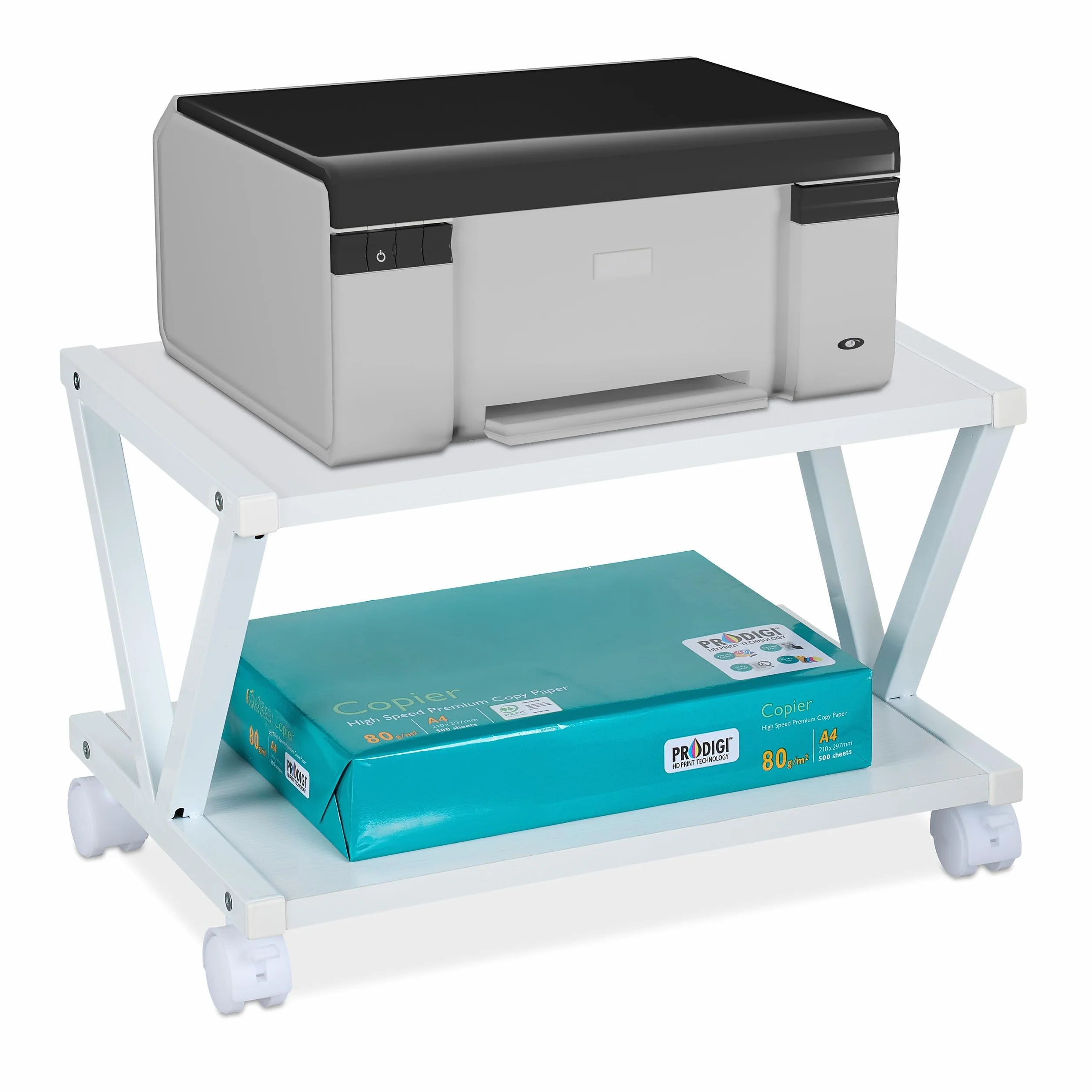 Relaxdays Porta Stampante da Scrivania, Supporto Organizer 2 Ripiani su Ruote, Portadocumenti, HLP 28x44x28,5 cm, Bianco