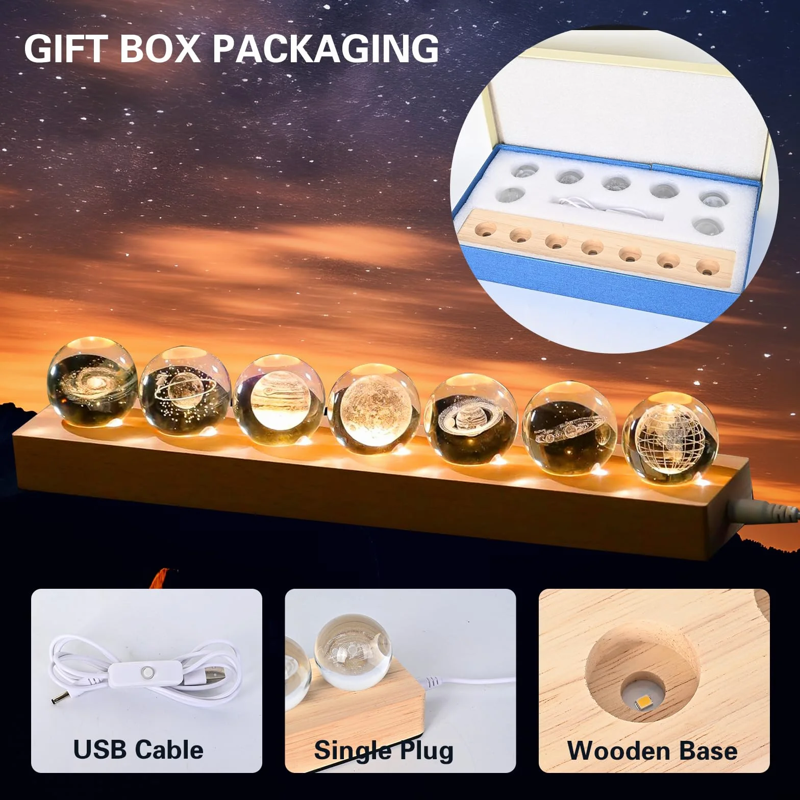 Hivexagon 7 sfere di cristallo galattico come decorazione con supporto in legno – Sistema galattico 3D Terra Luna Saturno 40mm sfera di cristallo – Ideale come regalo decorativo