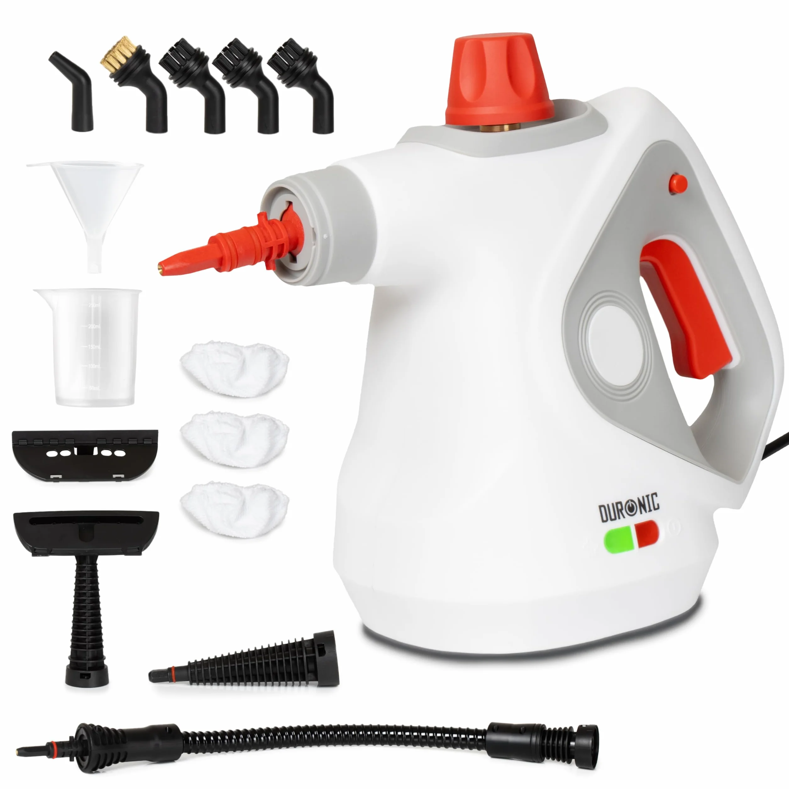 Duronic SC32 WE Pulitore a Vapore Portatile 1050W con Serbatoio 350 ml, Pulizia a Vapore Multifunzione Senza Detergenti per Divani Tessuti Fughe Doccia Forno Cucina Vetri Finestre Auto Bianco