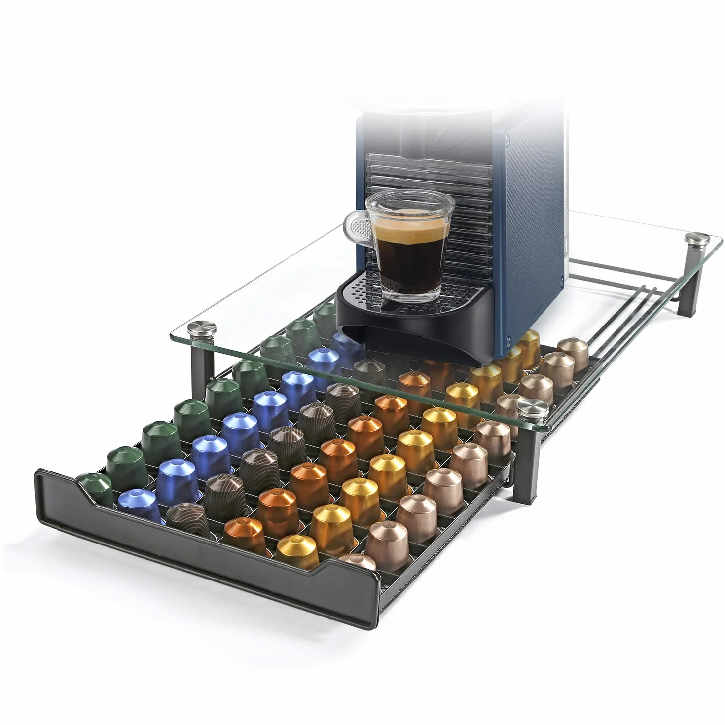 HiveNets Nespresso Portacapsule da Caffè Cassetto per Capsule Supporto di Metallo Vetro Temperato per 60 pz