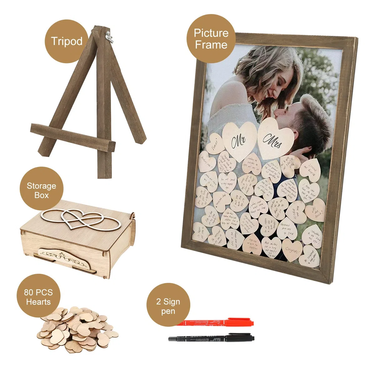Libro degli ospiti per matrimonio in legno, con cornice portafoto, 100 cuori in legno da scrivere e 2 pennarelli, set per matrimoni, compleanni e baby shower