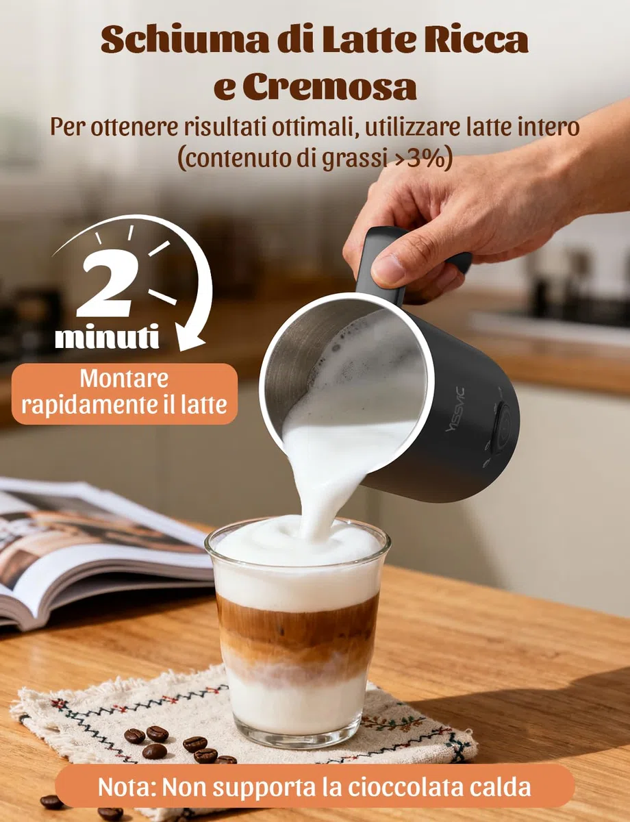 YISSVIC Montalatte Elettrico Cappuccino 4 in 1 Cappuccinatore Elettrico 300ML, Spegnimento Automatico, Facile da Pulire, Schiuma di Latte Calda e Fredda, Adatto per Latte e Cappuccino