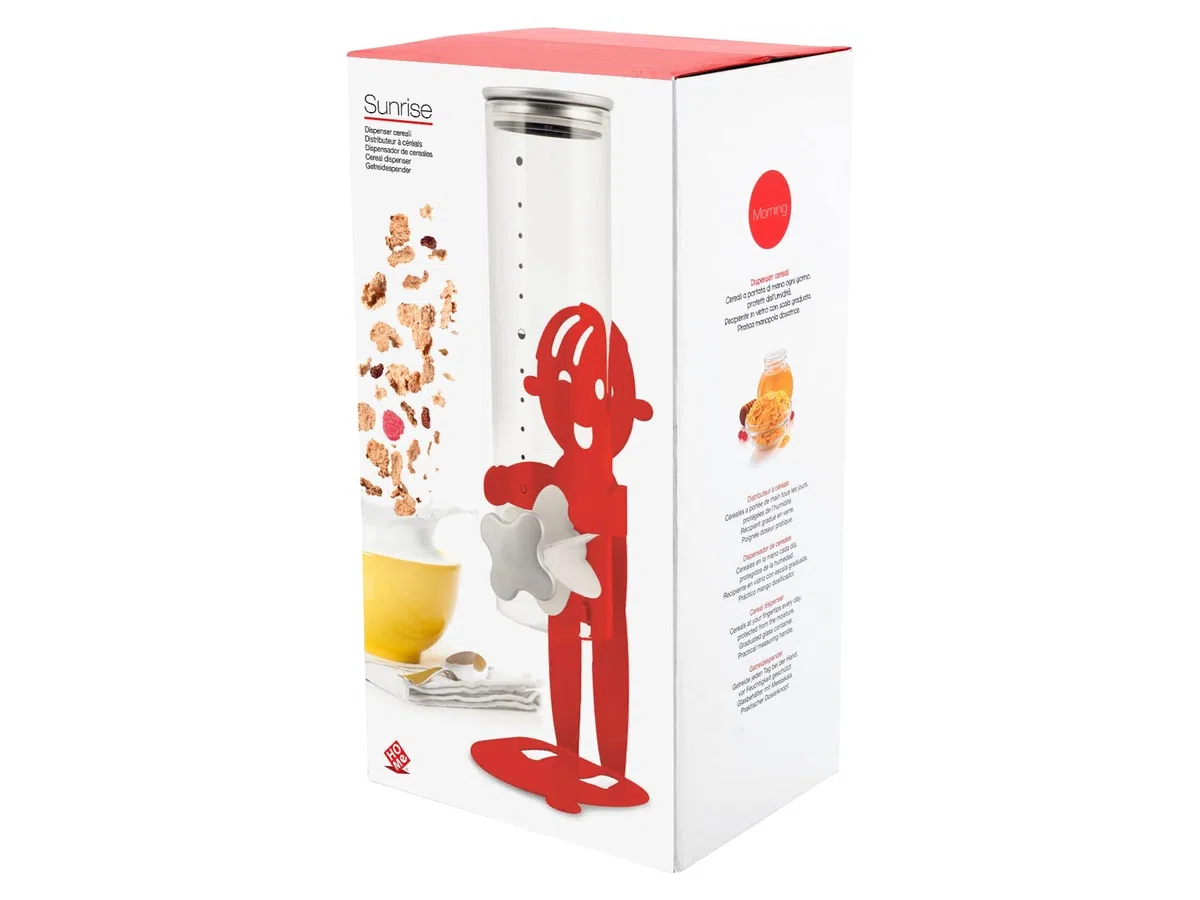 Home Dispenser Cereali Sunrise, Vetro e Metallo, Rosso - Design Moderno con Omino in Metallo che Regge il Dispenser - Perfetto per Sale Colazione e Cucina