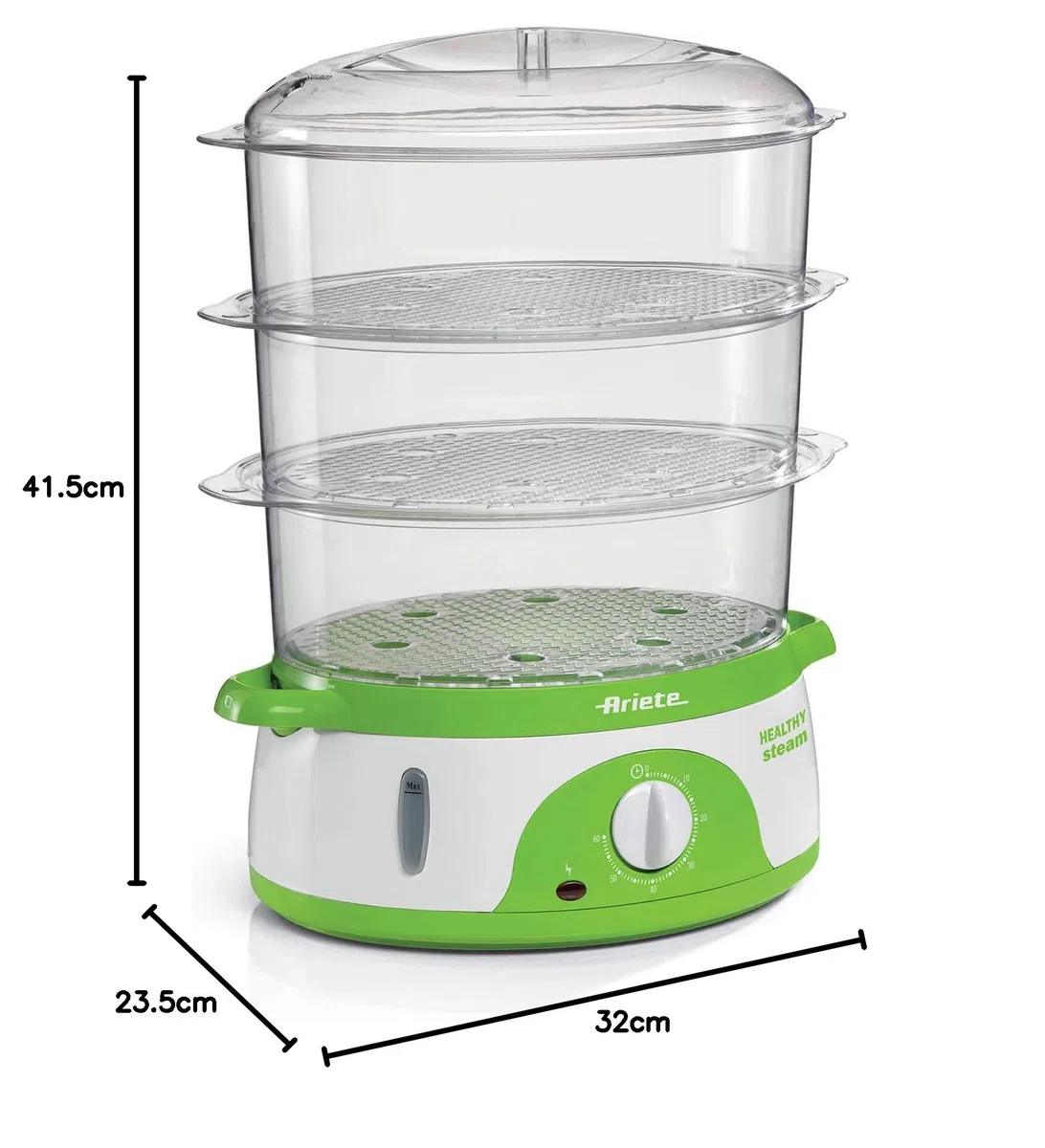 Ariete 911 Healthy Steam - Vaporiera Elettrica - 3 Cestelli - Contenitore per riso - Timer 60’ - 800 Watt - 9 Litri - Bianco e Verde