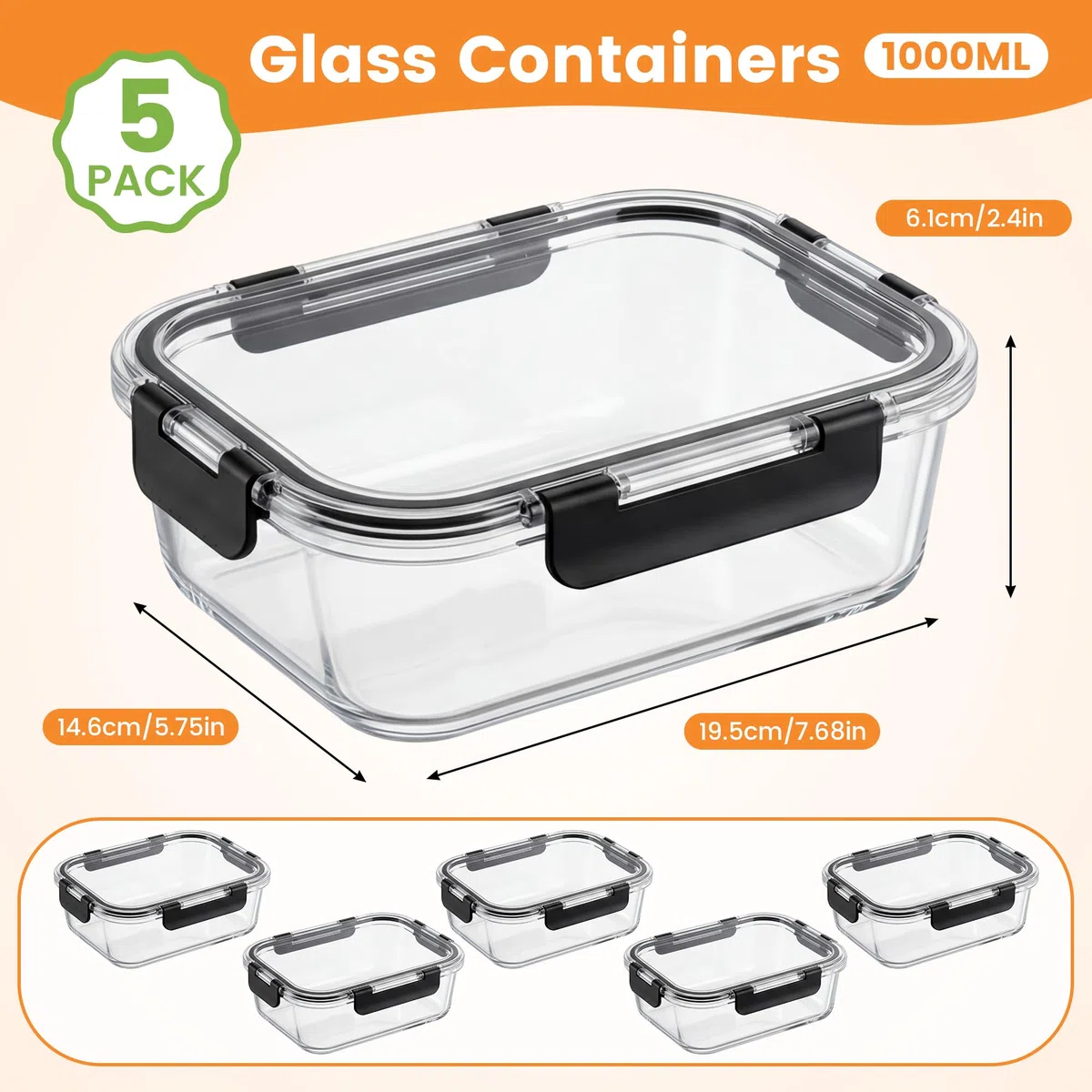 Zocipro 5pcs 1000ml Contenitori per Alimenti Ermetici in Vetro Borosilicato con Coperchio,Ermetici e a Prova di Perdite, Contenitore Ermetico per Alimenti, Adatti a Forno, Microonde e Lavastoviglie