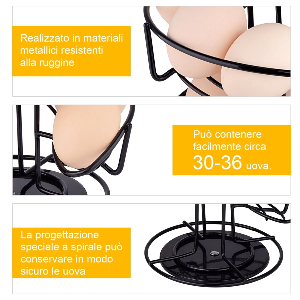 Toplife Porta Uova in Acciaio a Spirale, Portauova Salva Spazio per Cucina, Contenitore Uova Circa 30-36 Uova, Nero