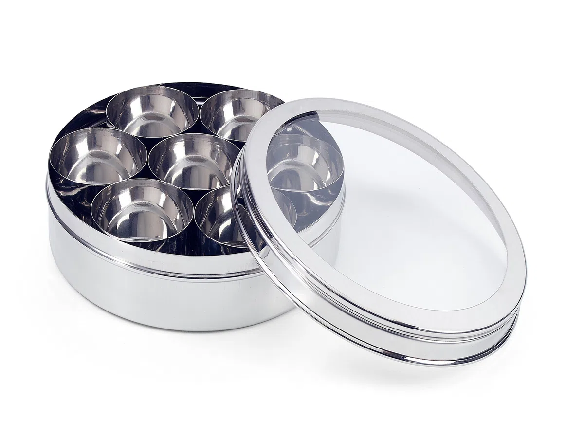 Scatola per spezie/Masala Dabba con 7 compartimenti e Coperchio Trasparente, in Acciaio Inox, 24 cm
