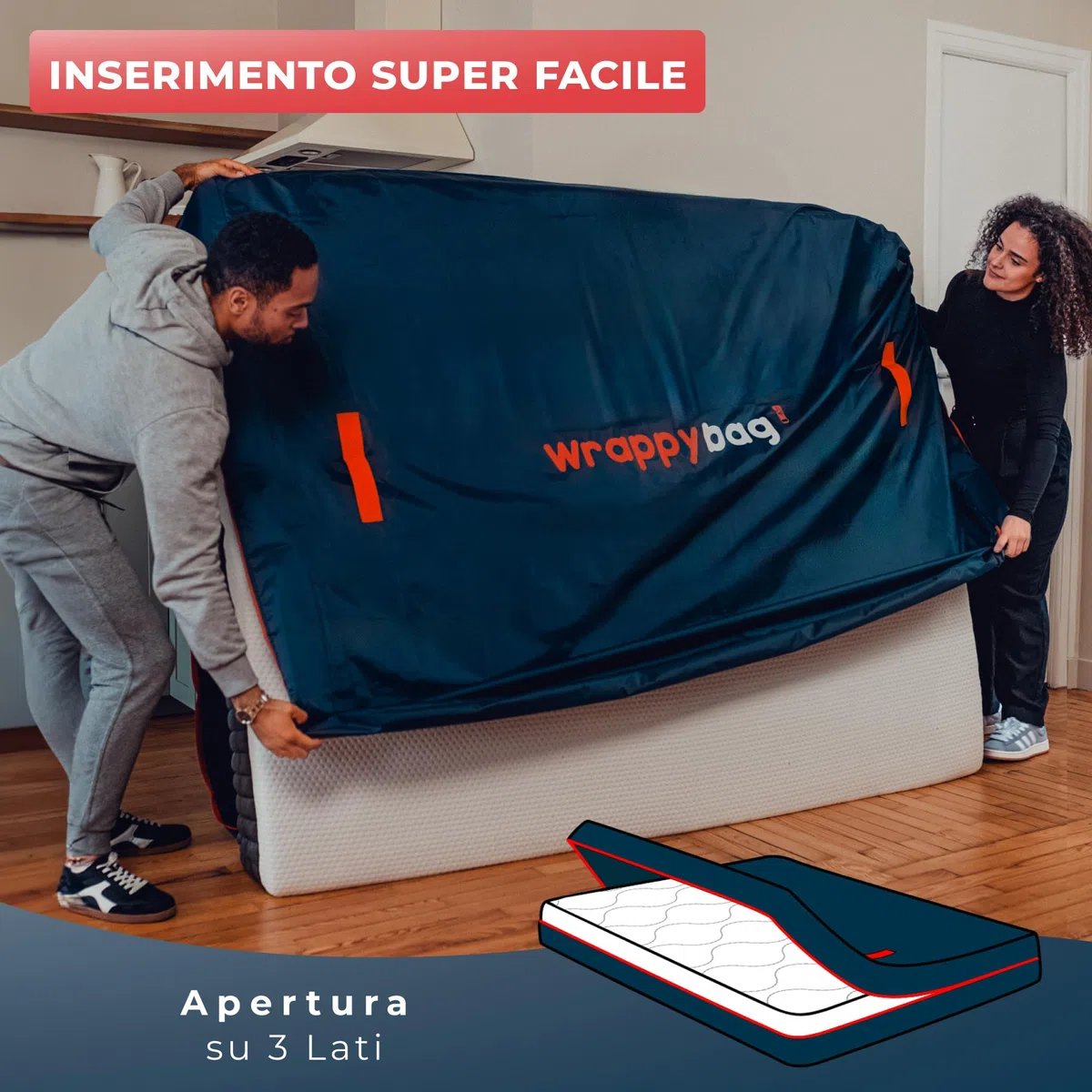 WRAPPYBAG Custodia Materasso Singolo/Matrimoniale in Poliestere Oxford con 4 Manici – Sacco Proteggi Materasso per Trasloco, Conservazione e Trasporto – Matrimoniale 160 x 200 cm – in 5 Misure