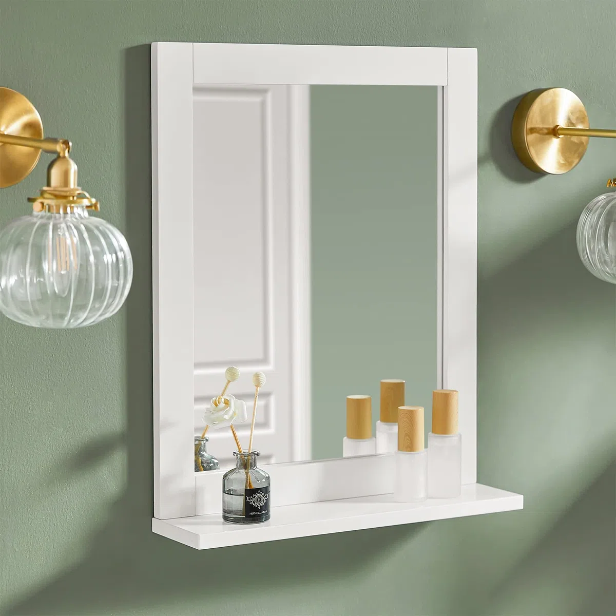 SoBuy Pensile Bagno Sospeso con Specchio Mobiletto Bagno Salvaspazio Armadietto da Parete con Mensola, Specchio Contenitore per Lavatrice, Lavandino, Lavanderia Bianco 40x49x10cm FRG129-W