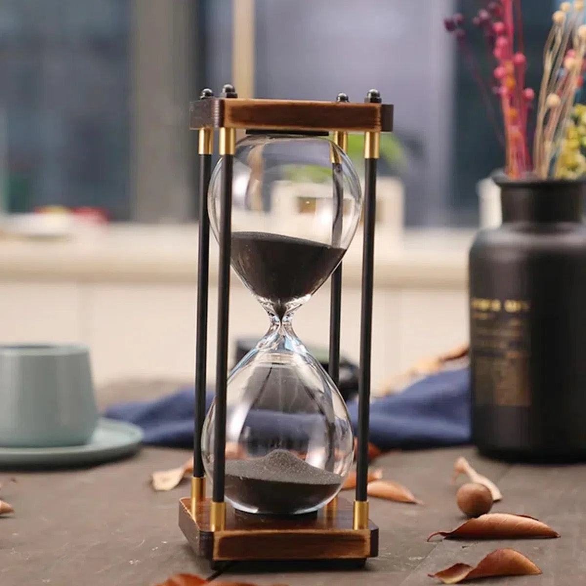 Clessidra Grande 60 Minuti in Legno Arcobaleno - Vetro Decorazione Regalo per Casa, Scrivania, Ufficio, Matrimonio (Nero)