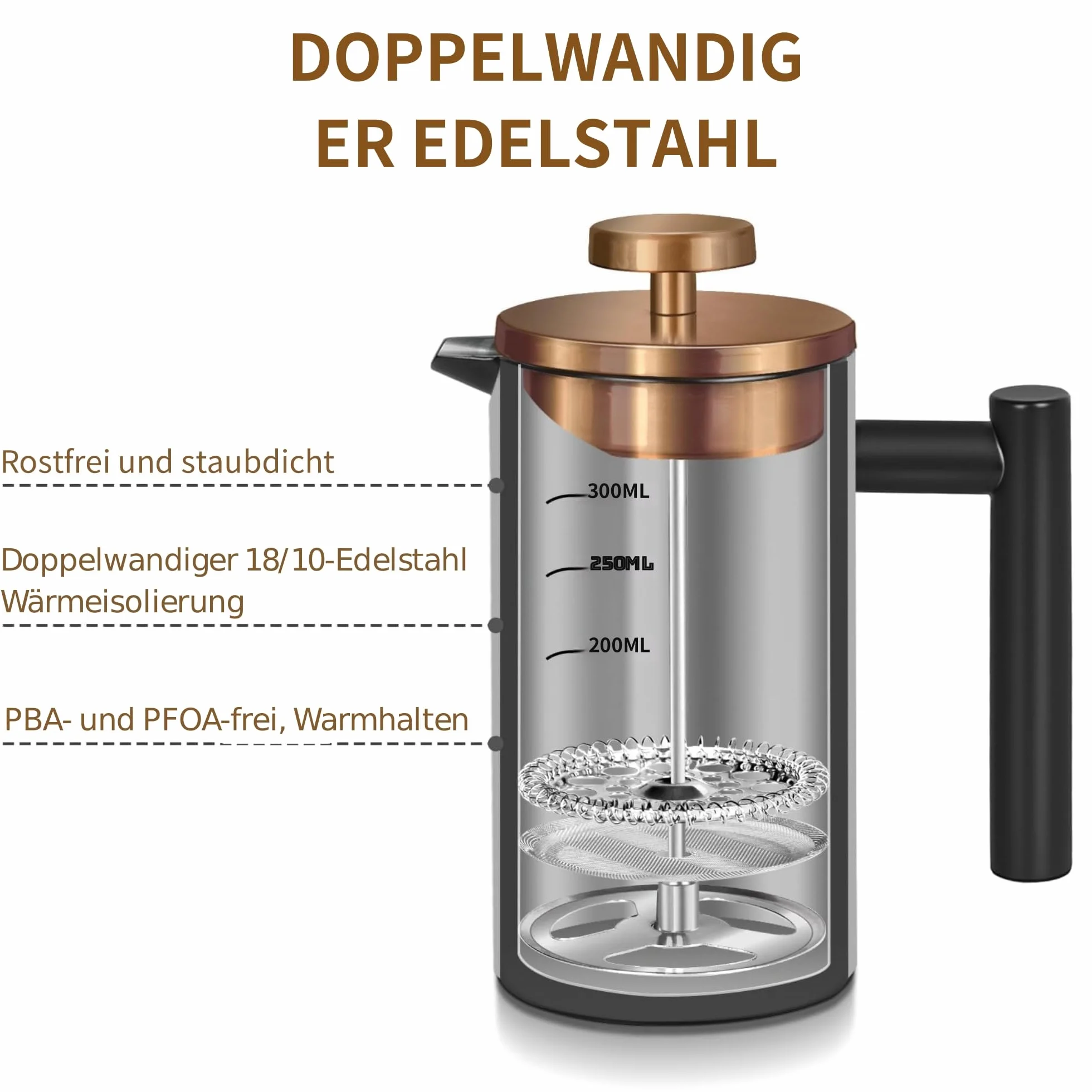 Pressa da caffè in acciaio inox, 600 ml, a doppia parete, isolata, per caffè e tè, con 3 setacci aggiuntivi e un cucchiaino da caffè, nero