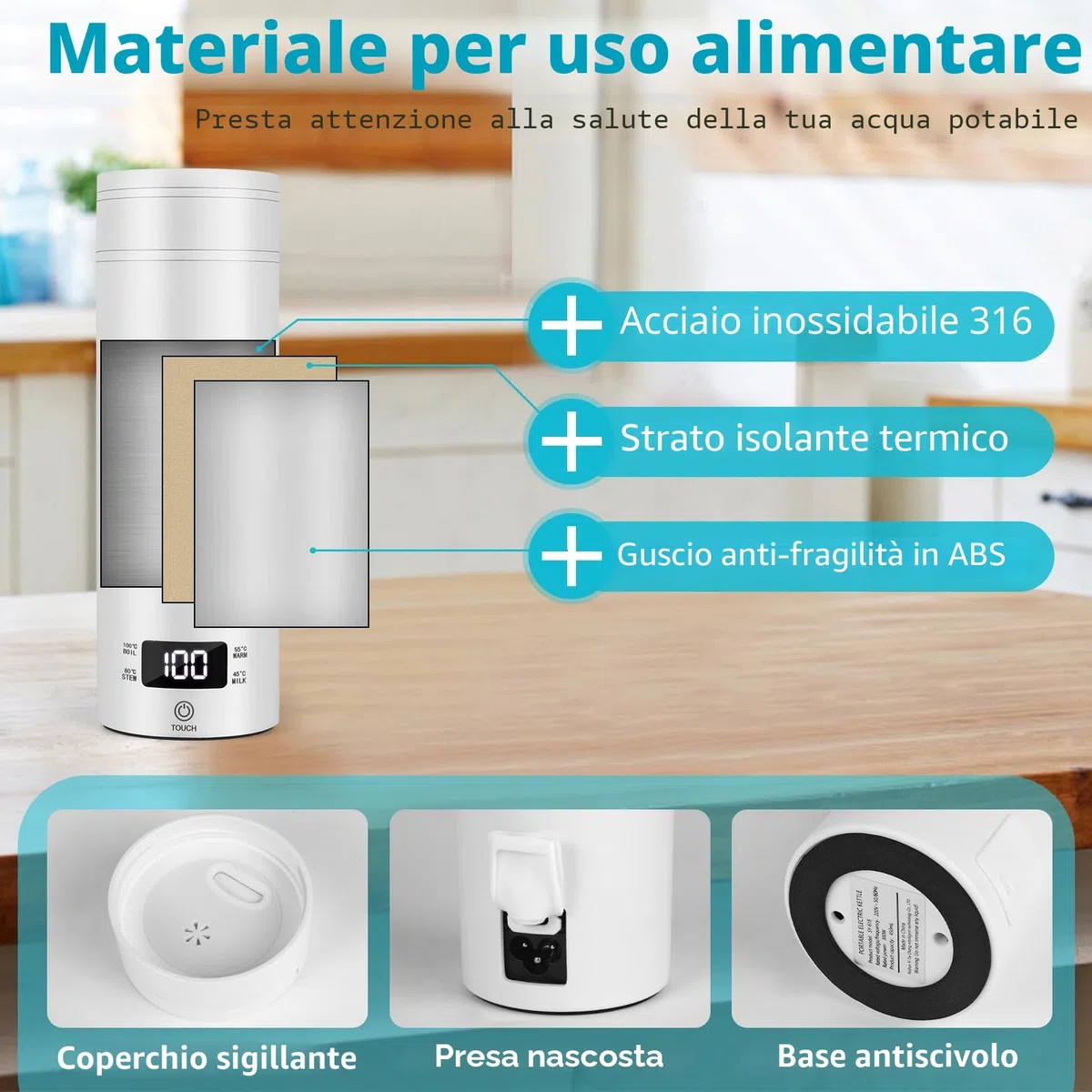 Bollitore Elettrico da Viaggio,450 ml Mini Bollitore Portatile,Tazza D'acqua in Acciaio Inox 316 con Regolazione Della Temperatura,Spegnimento Automatico per Latte per Bambini,Tè, Caffè,Campeggio